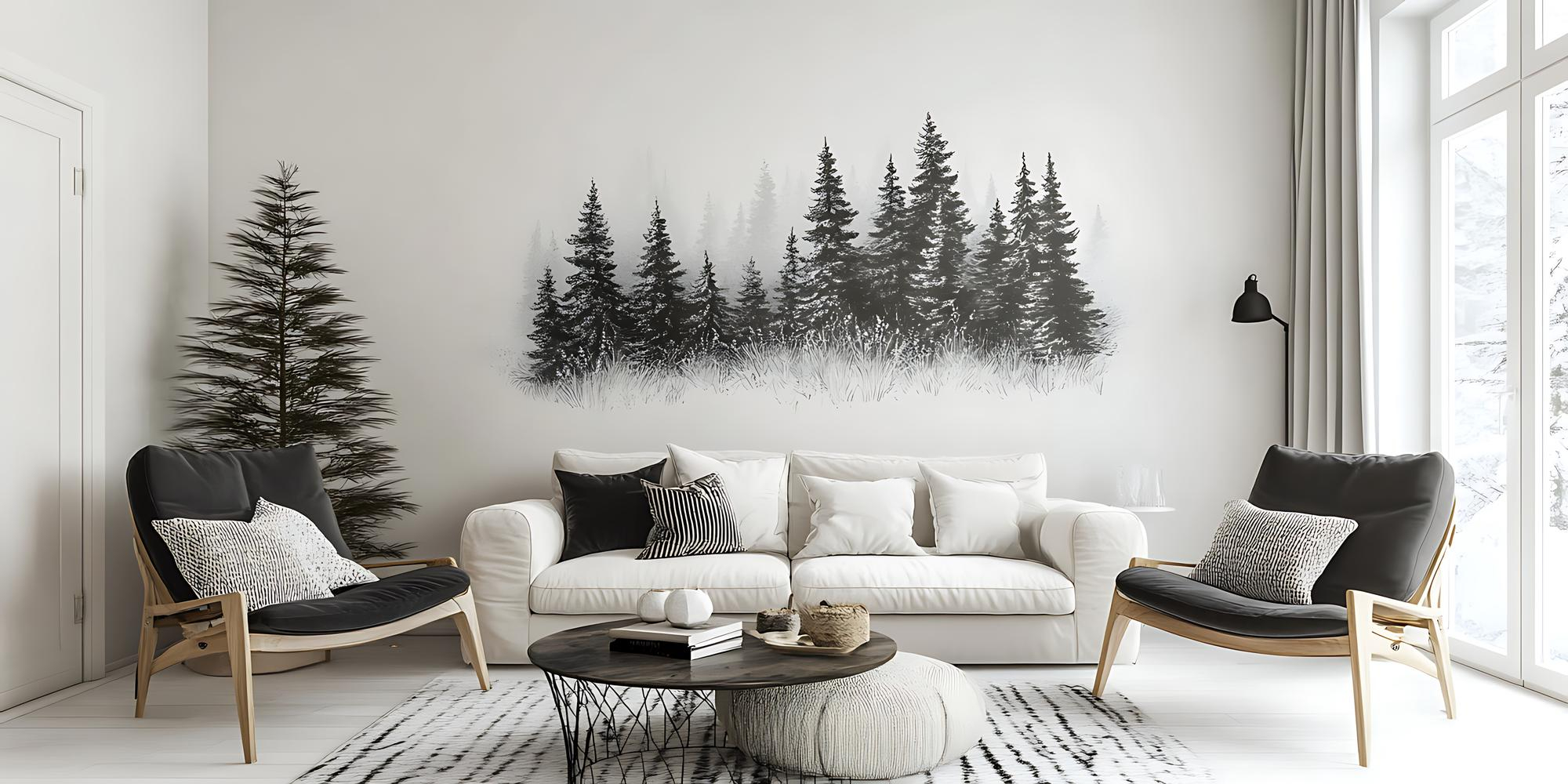Nowoczesny salon z leśnym muralem
